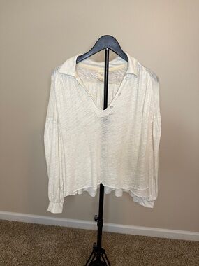 We The Free Ivory V-Neck Slub Knit Long-Sleeve Top